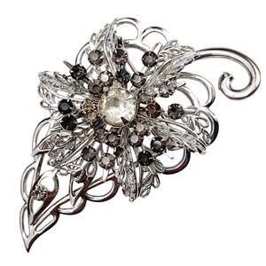 VTG 1950s Brooch Filigree Floral Smoky Rhinestone Silver Tone Mid Century Pin